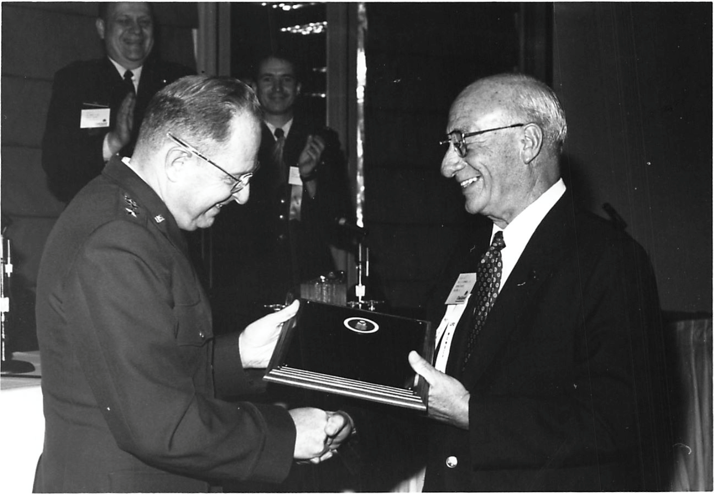 Figure 2. Air Force Surgeon General Murphy A. Chesney honors Major General James Humphreys with the start of the Humphreys Fund in his name. Annual meeting 1989. MG Humphreys served as Executive Director of the American Board of Surgery for over 20 Years.