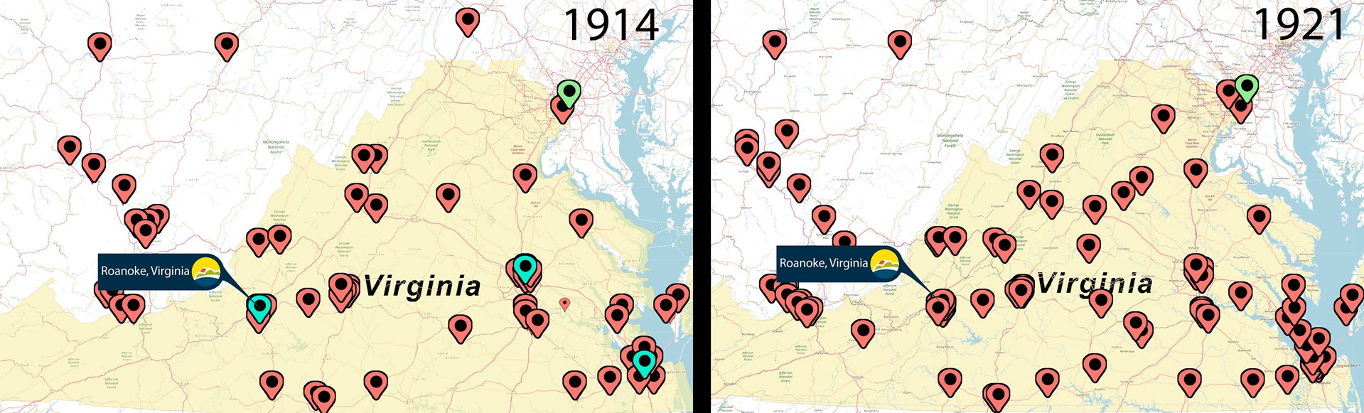 Figure 1A (left) Map of Black doctors in 1914. Freedmen’s Hospital is in green; Figure 1B (right) Three additional Black hospitals—BMH, Richmond Community Hospital, and Norfolk Community Hospital—were formed by 1921. BMH was the only one that served Appalachia. 
