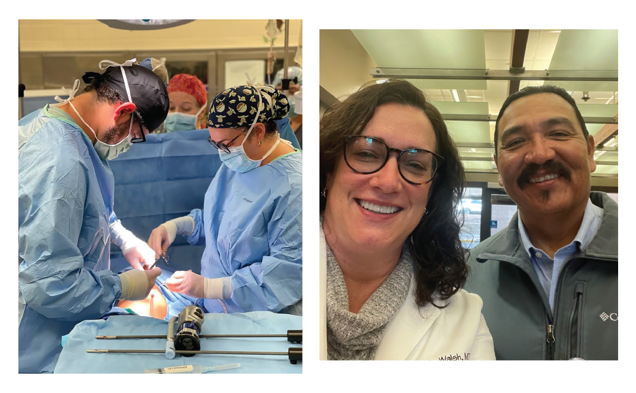 Left: Dr. Walsh in the OR with resident Elliott Overman, MD. Right: Dr. Walsh and JR LaPlante, director of tribal relations, Avera Healthcare, and a member of the Cheyenne River Sioux Tribe met to discuss culturally competent surgical care for Native Americans.