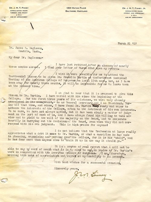 Letter from John M.T. Finney to James B Eagleson