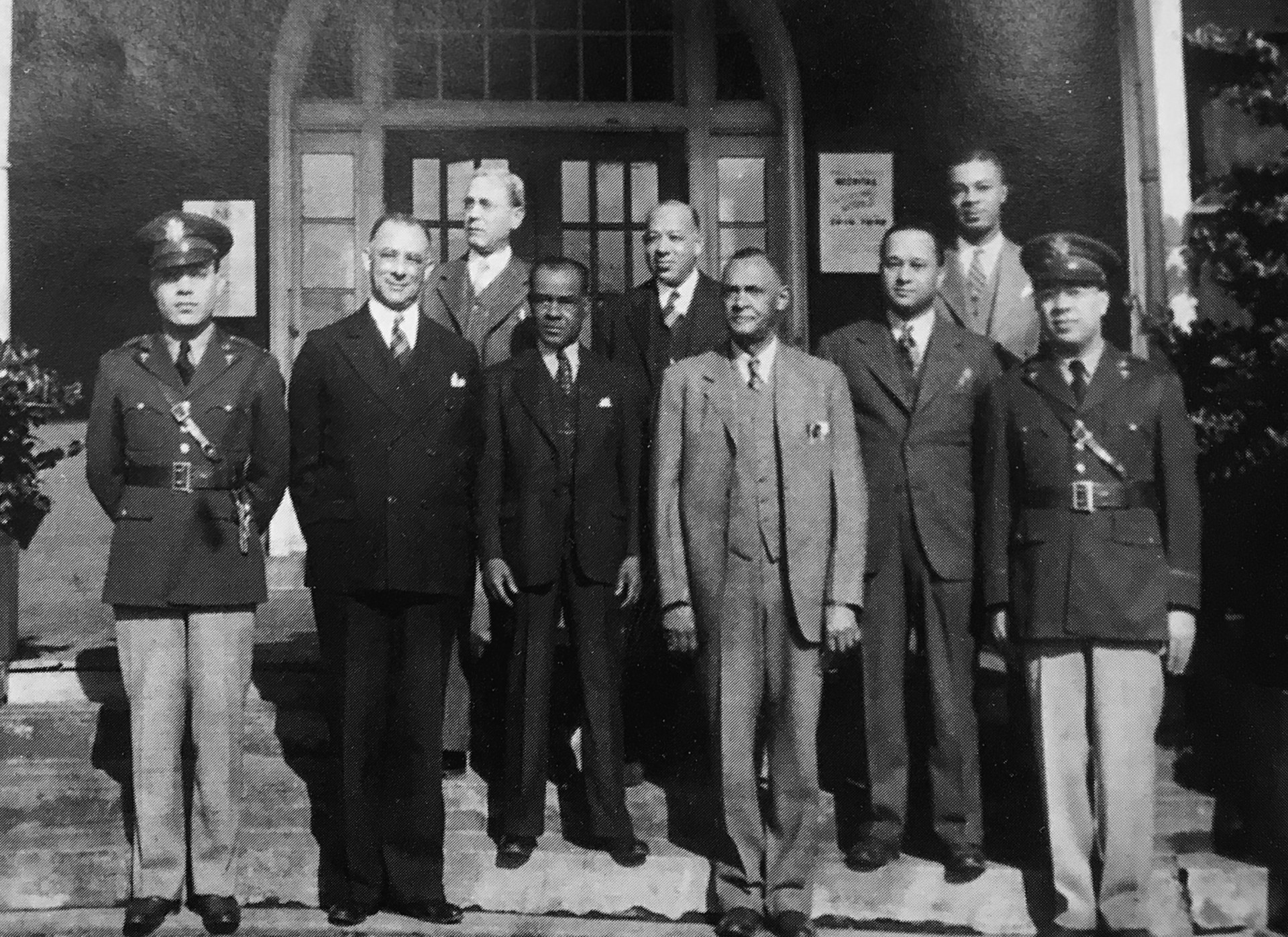 Key members of Burrell Memorial Hospital in 1940. From left: John B. Claytor Jr. (co-founder, general practitioner), Lylburn C. Downing (co-founder, surgeon), John B. Claytor Sr. (co-founder, general practitioner), W.R. Brown (unknown), W.P. Yancy (unknown), James H. Roberts (co-founder, general practitioner), George Moore, Maynard Law (surgeon), Frank W. Claytor (medicine).