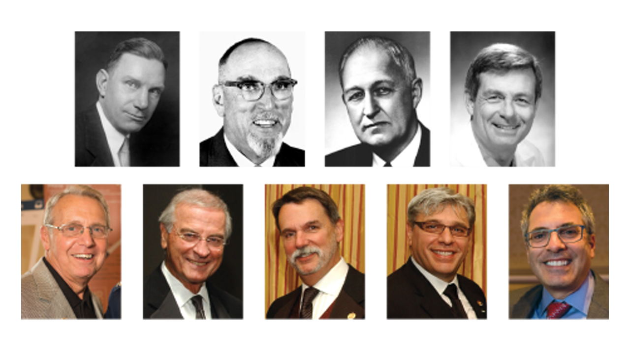 Top row: Dr. Robert Kennedy, Dr. J.D. Farrington, Dr. Oscar Hampton Jr., Dr. Norman McSwain Jr. Bottom Row: Dr. C. William Schwab, Dr. A. Brent Eastman, Dr. Robert Mackersie, Dr. Michael Rotondo, Dr. Avery Nathens